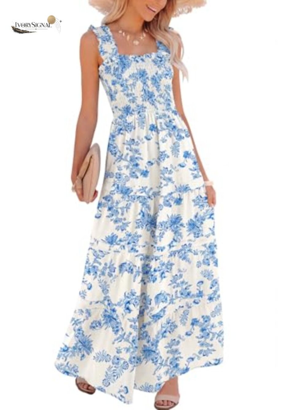 Womens Summer Maxi Dress Sleeveless Smocked Square Neck A-line Flowy Vacation